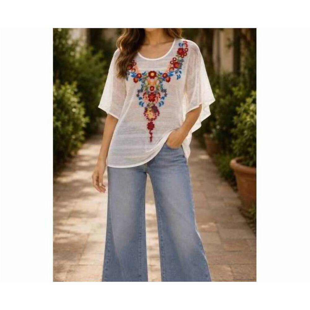 NEW ADORE floral embroidered mesh poncho top in white
